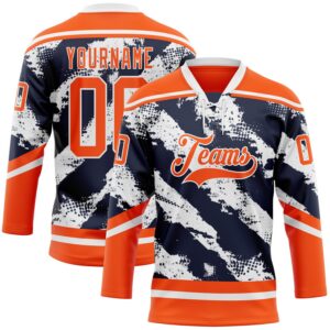 Custom Orange Navy-White 3D Pattern Abstract Edmonton Inspired Splash Hockey Lace Neck Jersey