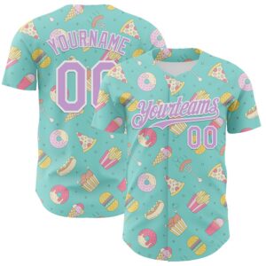 Custom Ice Blue Light Purple-White 3D Pattern Design Foodie Fast Food Burger Fries Pizza Authentic Baseball Jersey