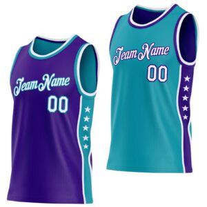 Custom Reversible Purple White-Teal Double Side Star Sublimation Basketball Suit Jersey