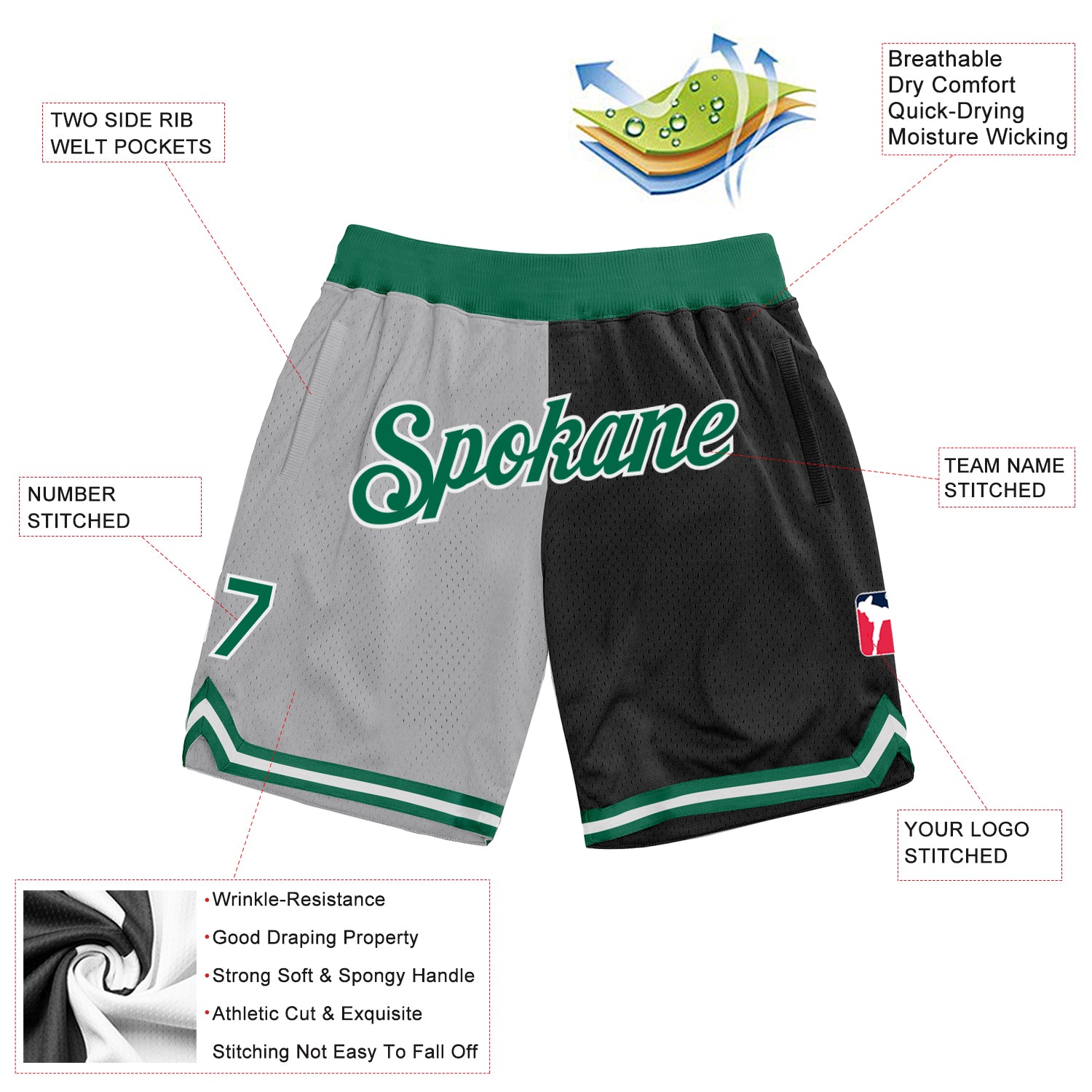 Custom Gray Kelly Green-Black Authentic Throwback Split Fashion Basketball Shorts - Image 2